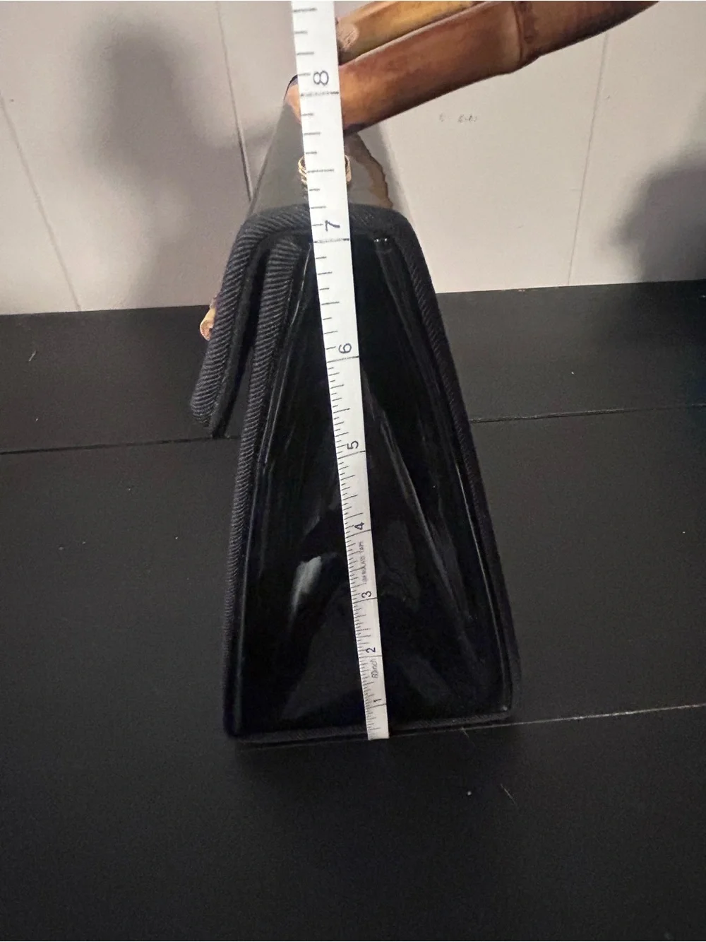 Black Patent Top-Handle Bag with Bamboo Accent